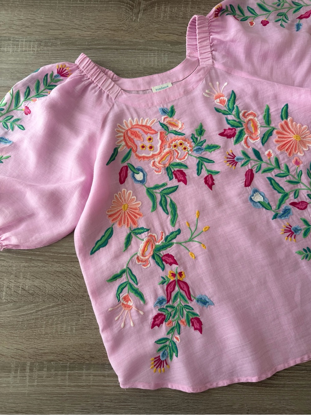 Sundance Floral Embroidered Pink Floral Embroidered Puff-Sleeve Top Blouse L - Picture 3 of 13